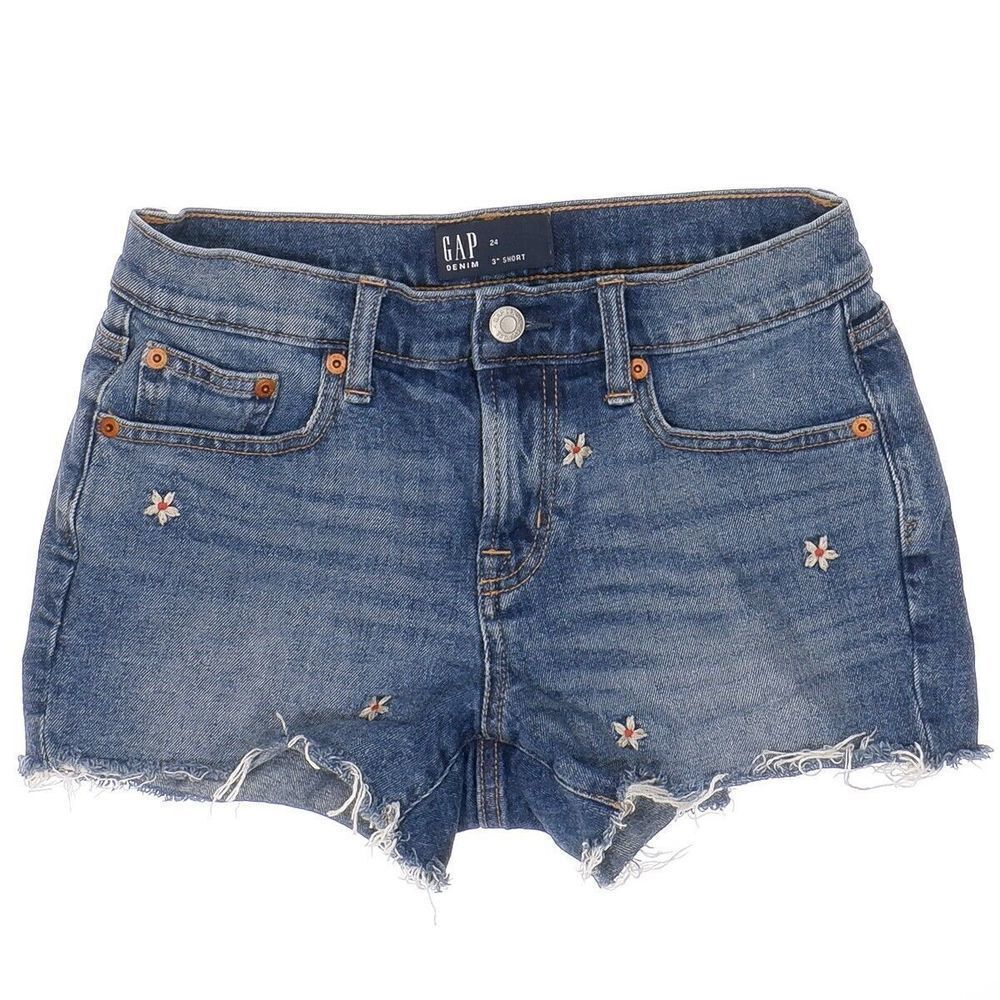Gap Shorts Size 24 Womens Floral Embroidered Raw Hem Blue Measures W27